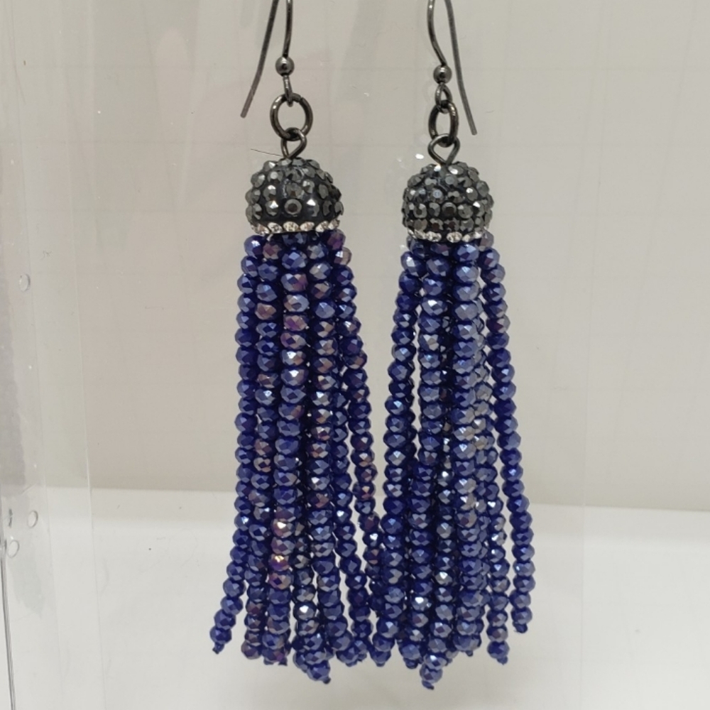 Earrings-Ballroom Blue bead Tassel drop earrings
